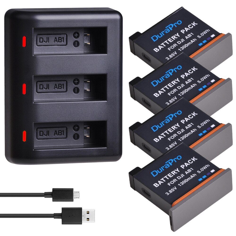 3 stk 1300 mah  ab1 oppladbart li-ion batteripakke + ledet 3- bærer usb-lader til dji osmo  ab1 handling sport kamera: 4 batterisett