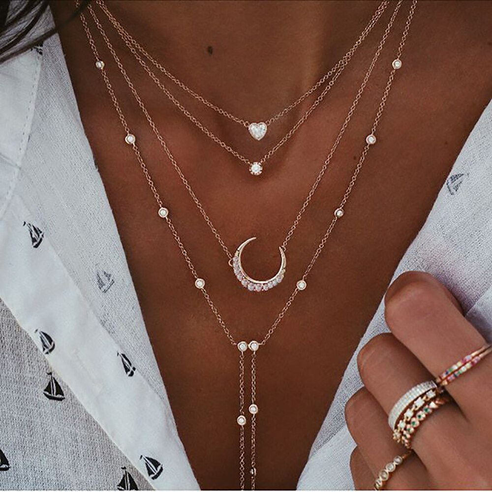 Vintage Crystal Geometry Star Moon Lock Necklace For Women Boho Multi-level Pendants Necklaces Chokers Jewelry: NE-0458-4