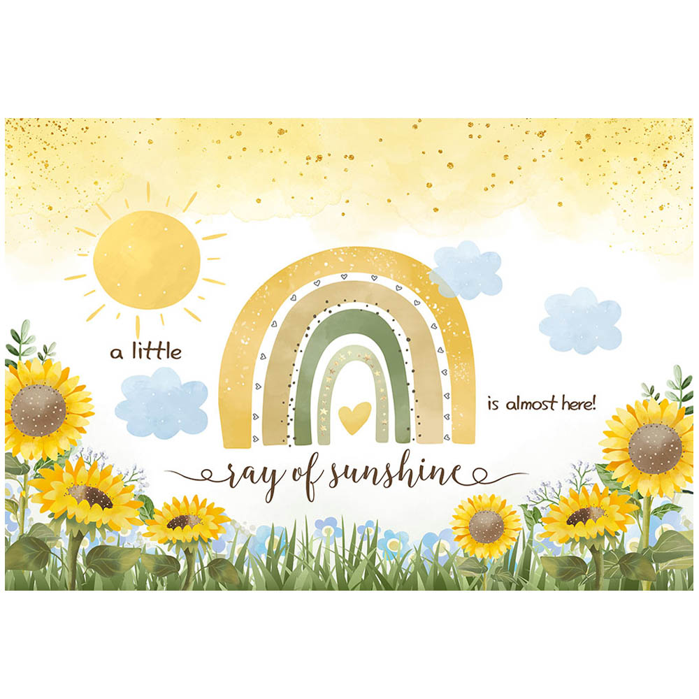 Mocsicka Boho Rainbow Baby Shower Background Sunflower A Little Ray of Sunshine is almost Here Backdrop Girl Welcome Party Decor