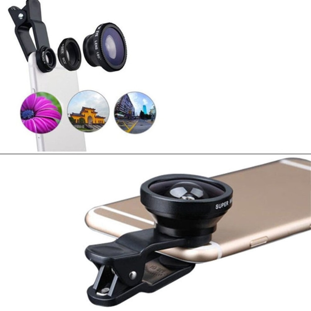 3 in 1 Mobile Phone Lens Fish Eye Lens Super Wide Angle Macro Camera Lens Kit with Clip For iPhone Samsung Xiaomi Smart Phones