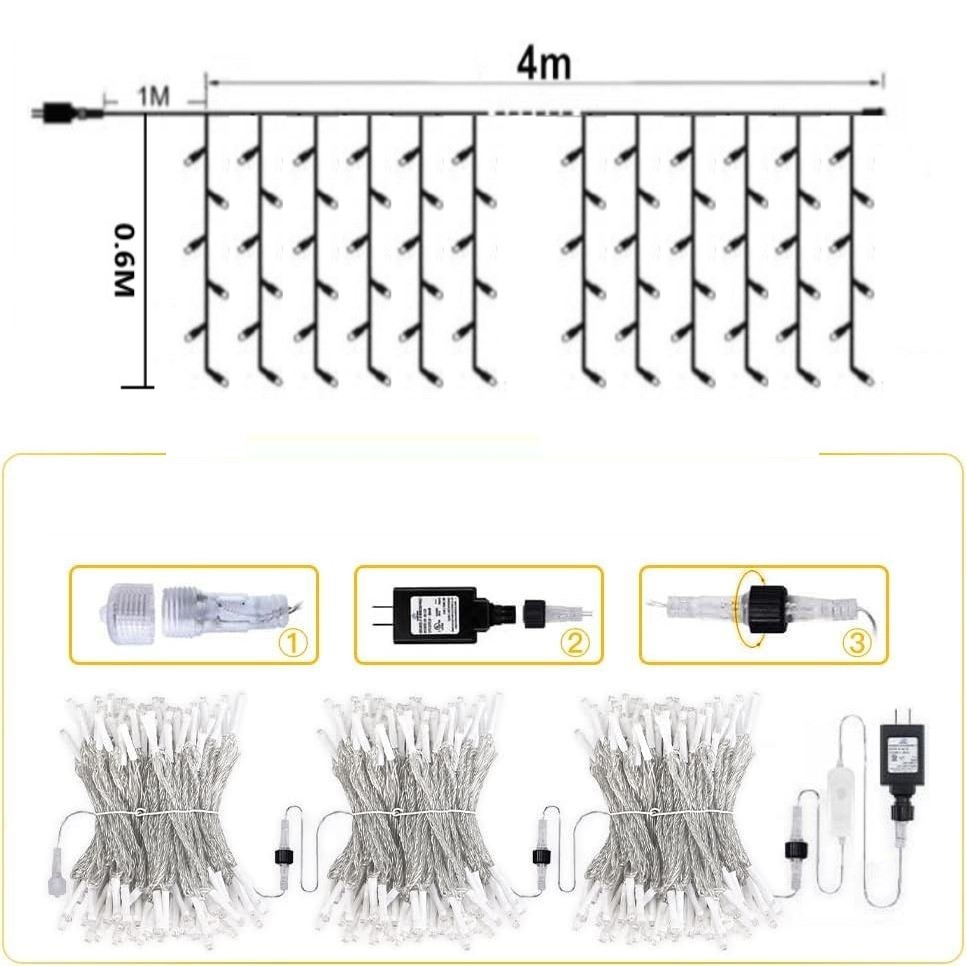 Feston de Noël Led Glaçon Rideau Lumières Extérieur 4M (W) * 0.6M (H) Blanc Flash Fée Guirlande Lumière Fil Clair Décorations Du Nouvel An 2025 Pour Mariage/Maison/Maison/Saint-Valentin/Noël/Avant-toit Décor