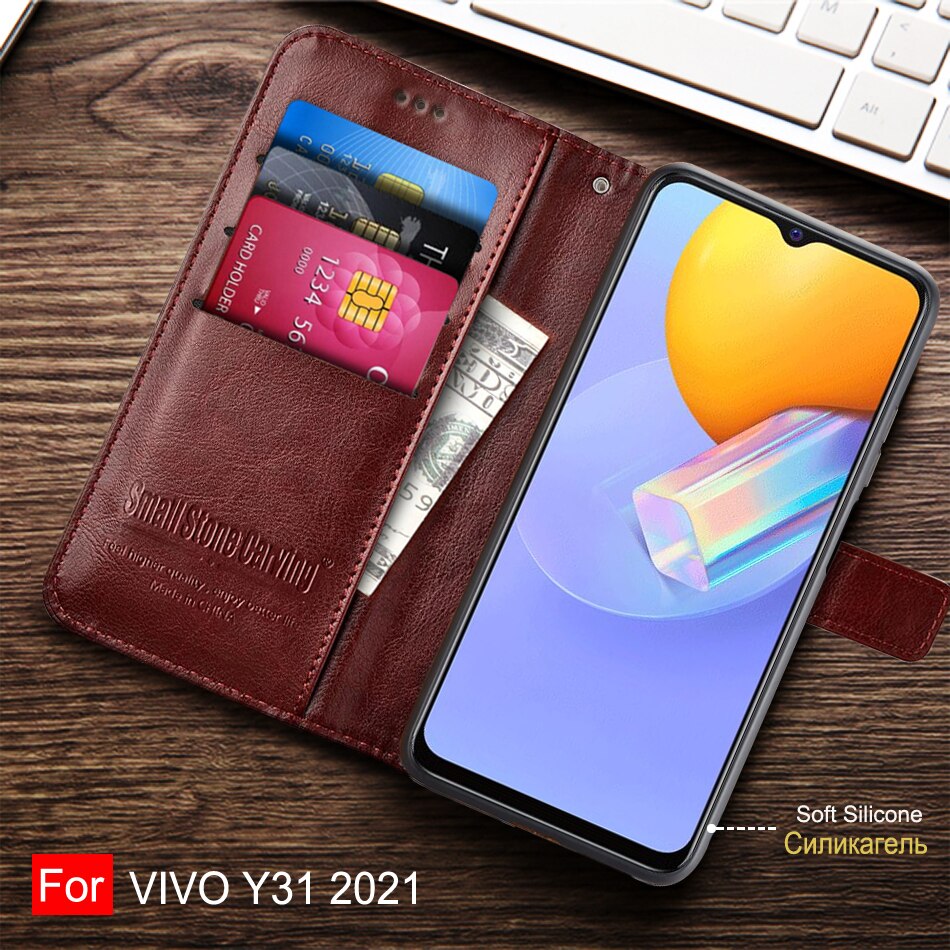 Capa tipo carteira de couro para vivo y31, estojo protetor para celular vivo y31 2021