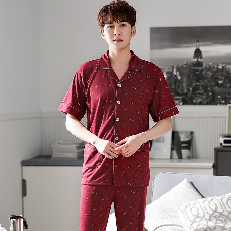 Zomer Gebreide Katoenen Mannen Pyjama Korte Mouwen Turn-Down Kraag Plus Size Pijamas Korte Tops + Lange Broek Twee delige Set Pyjama