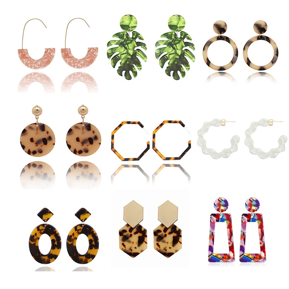Acrylic Resin Green Leaves Dangle Earring For Women Tortoiseshell Geometry Acetate Party Dangle Earring Jewelry