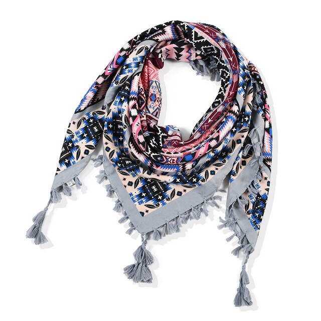Sjaal Vrouwen Winter Bohemian Vierkante Zakdoek Sjaal Wrap Retro Patroon Kwastje Vrouwelijke Sjaal Grote 115Cm Katoen Foulard Bloemen: 27