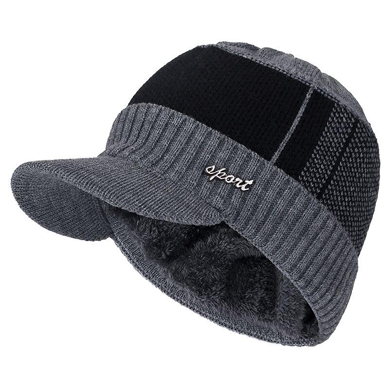 Gorros de invierno con visera de piel para hombre y mujer, Gorras de lana, gorros tejidos