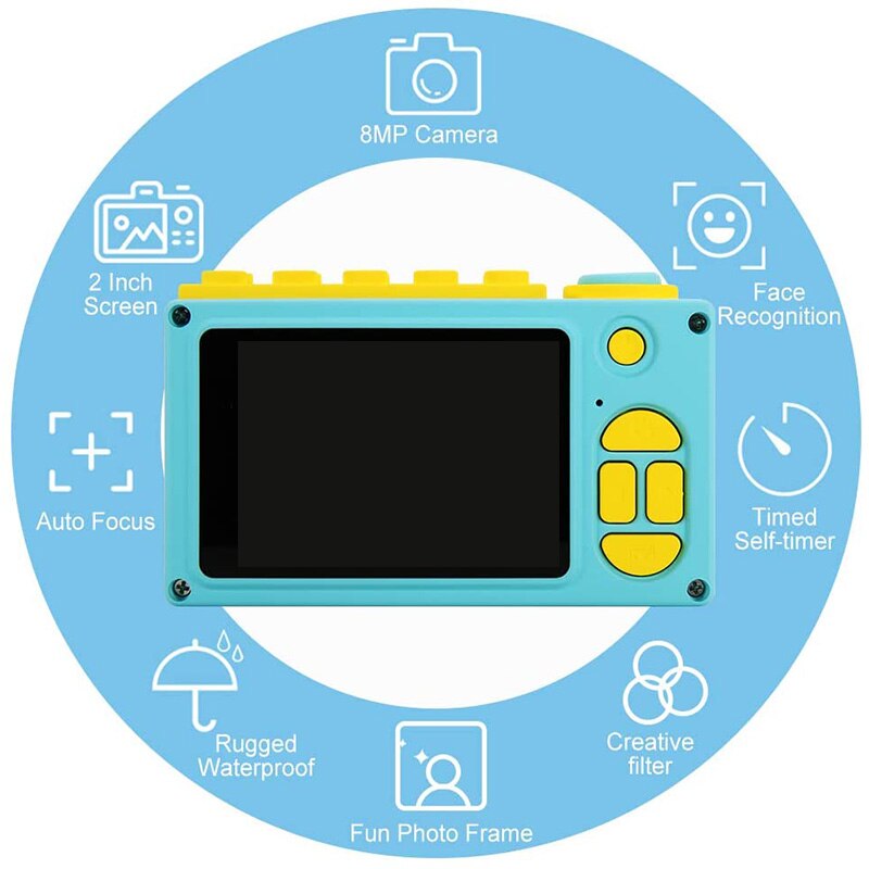 Waterproof Kids Camera Mini 8MP 1080P HD Camcorder with 16GB MicroSD Card Included and MicroSD Support Slot Video(Blue)