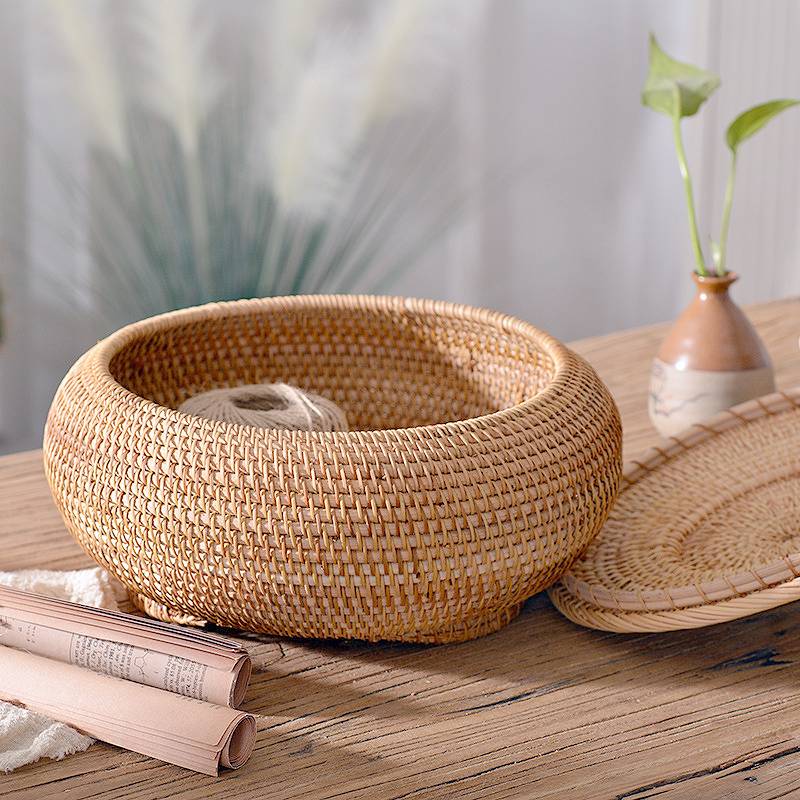 Boîtes rondes en rotin avec couvercle, tissé à la main, plateau en osier polyvalent, panier de rangement de Table à pain, pique-nique 11 pouces panier osier