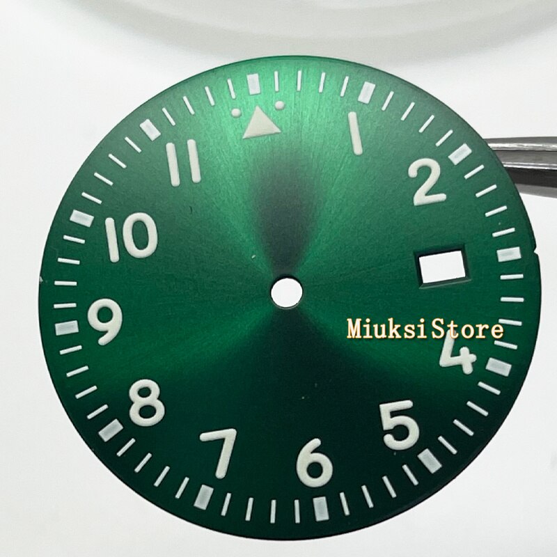 33.8Mm Zilver Kleur Horloge Onderdelen Steriele Sunburst Steel Wijzerplaat Fit NH35 Uurwerk Gezicht Groene Lichtgevende Marks Datum Venster