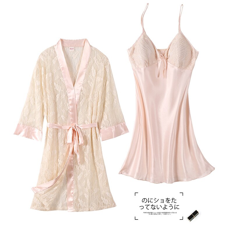 Verano Otoño de malla bata juego 2 uds de la perspectiva de las mujeres camisón Kimono de novia corto bata Lencería íntima ropa de dormir vestido: Beige-Pink / L
