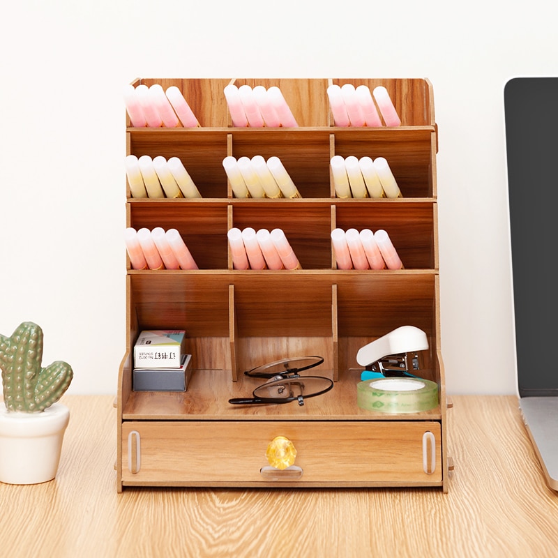 Wooden Desk Organizer Multi-Functional DIY Pen pencil Holder Box Desktop Stationary Home Office Supply Storage Rack