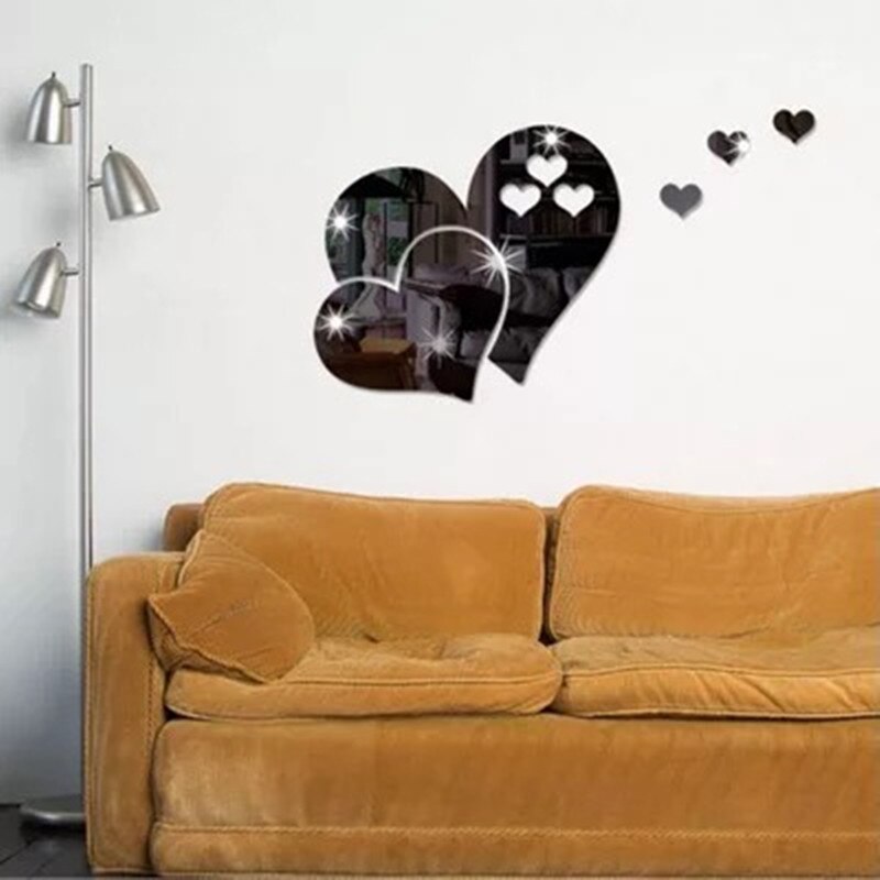 Pegatinas creativas de espejo en forma de corazón 3D, pegatinas de pared extraíbles para espejos, pegatinas de pared DIY, sala de estar Decoración Para, decoraciones para el hogar, decoración atística de pared: black