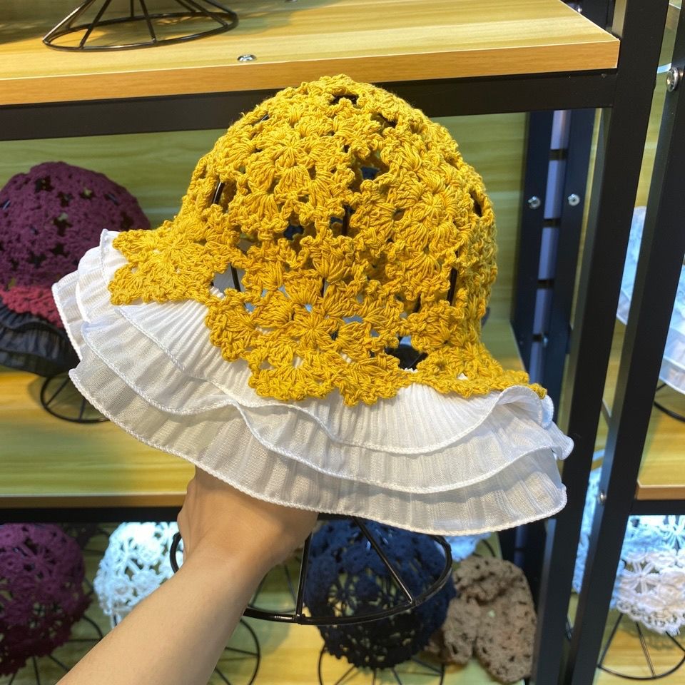 202012-yc2115 French garden Eyelash lace handmade crochet Ruffle Hollowing out acrylic leisure lady sun cap women hat: Yellow