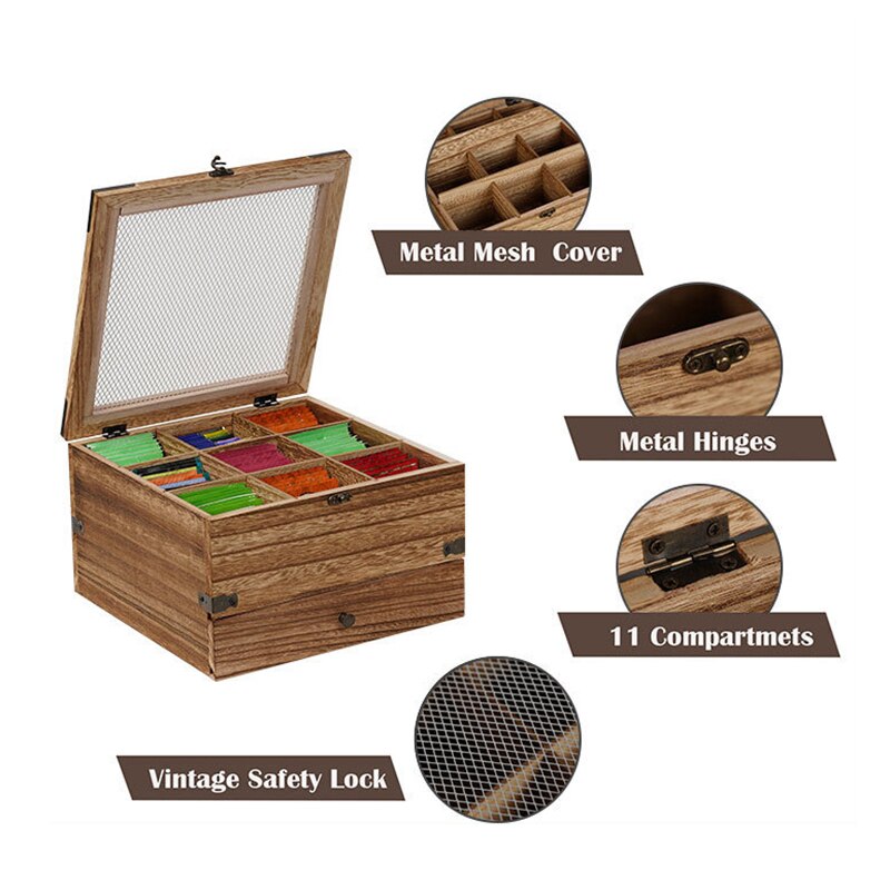 Boîte pour sachets de thé, organisateur de sachets de thé en bois, boîte de rangement, pour armoires ou comptoirs, boîte à thé à 11 compartiments