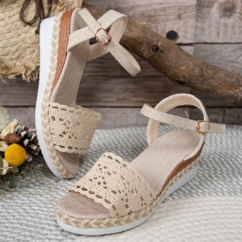 Sandale Espadrilles unter geschlossener Zehenpartie Esparto-Knöchelarmband mit Schnalle-Textil-Spitzendetail Frau Keilabsatz aus Esparto und Plateau