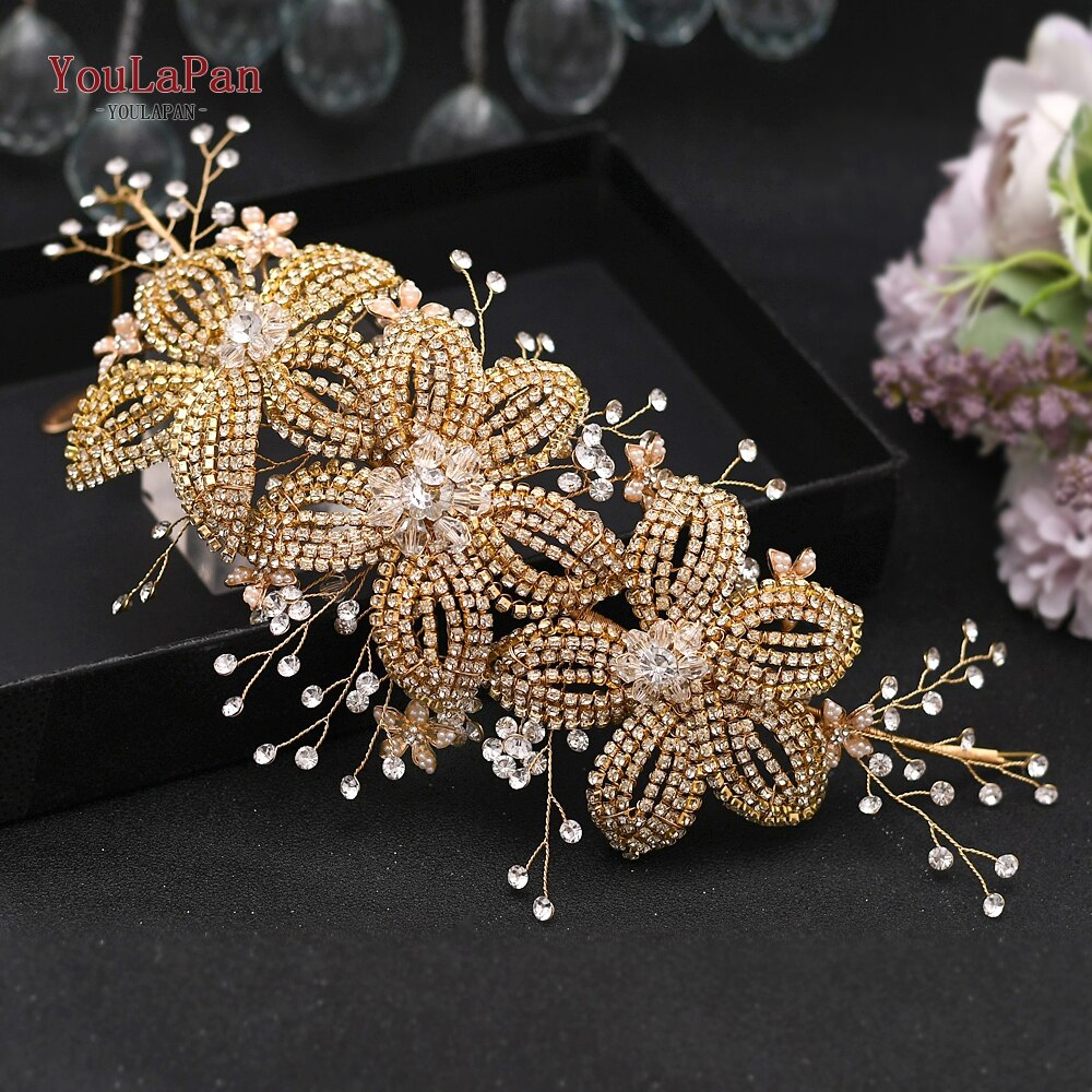 Topqueen ouro casamento liga flor bandana nupcial headpiece strass casamento enfeites de cabelo tiara para as mulheres hp252: Golden