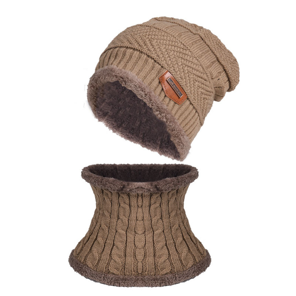 Heren Winter Hat Cap Kraag Set Winddicht Plus Fluwelen Dikke Gebreide Hoed Effen En Uitlaat Mannen Warme Muts Sjaal set Motorkap Femme Hiver: Khaki