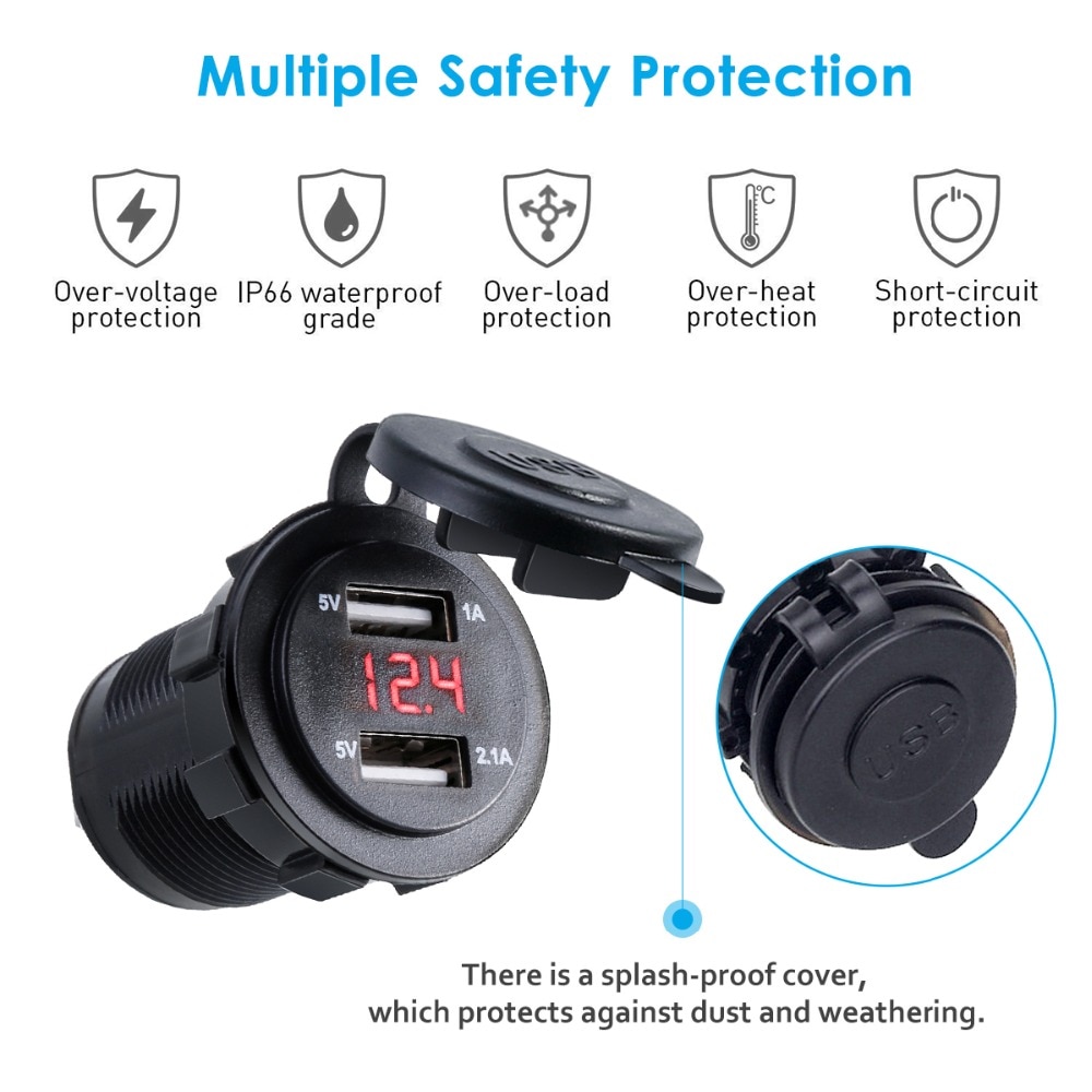Dual USB Port 4.2A output Waterproof Car Charger Cigarette Lighter Socket Plug LED Voltmeter Mobile Phone Smart Charging Adapter
