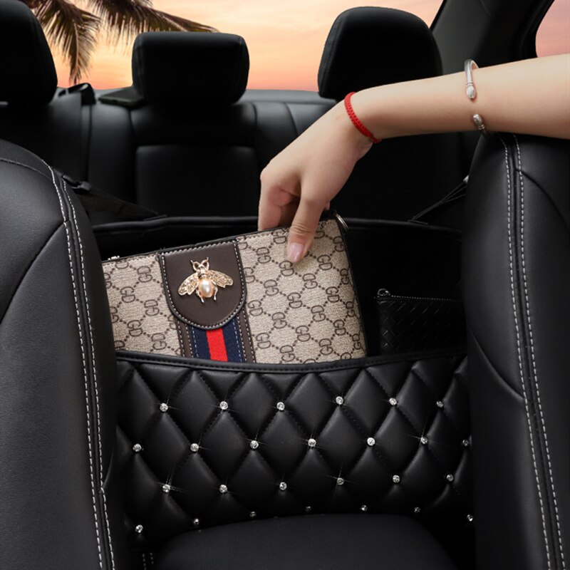 Auto Handtas Houder Luxe Lederen Autostoel Opbergtas Organizer Multi-Zakken Universele Bling Crystal Opbergen Opruimen Auto Goederen