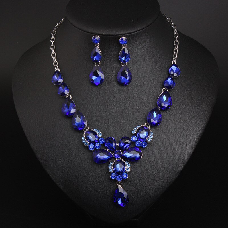 Romantische Bloem Crystal Wedding Bridal Sieraden Sets Voor Vrouwen Green Rhinestone Hanger Ketting Oorbellen Set Dubai Accessoires: Blue