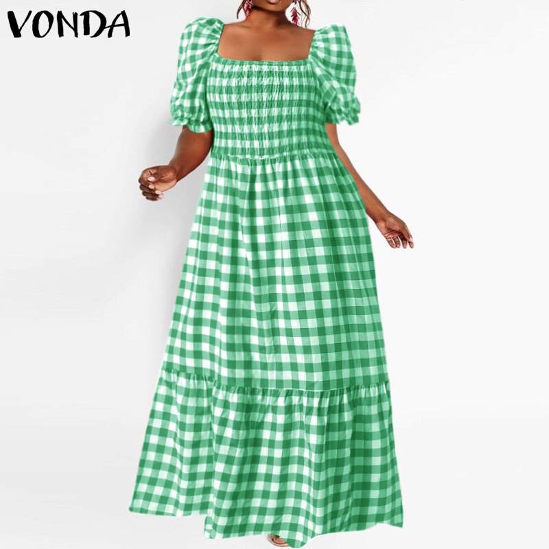 Plus Size Summer Dress 2022 VONDA Short Lantern Sleeve Square Collar Vintage Bohemian Plaid Dresses Femme Party Vestidos: Green / XXL