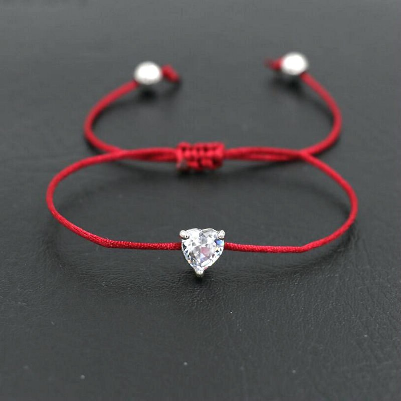 Bppccr Zilver Kleur Shiny Crystal Zircon Aaa Liefde Hart Armband Rood Touw Draad Wish Lucky Armbanden Voor Vrouwen Koppels Liefhebbers