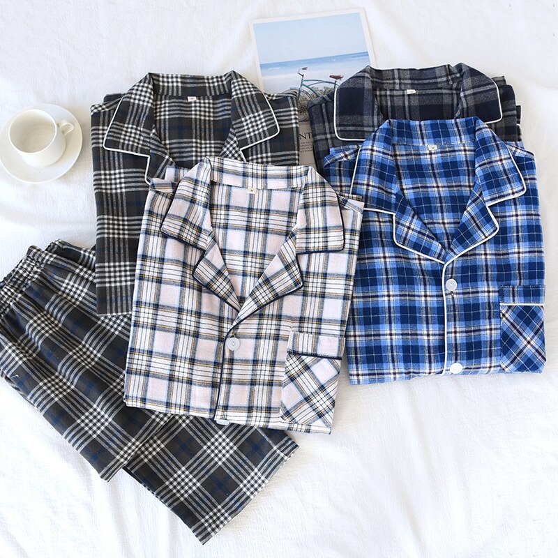 Pyjama à carreaux en flanelle pour Homme, vêtement de nuit en coton, manches longues, pantalon ample, printemps automne Hiver