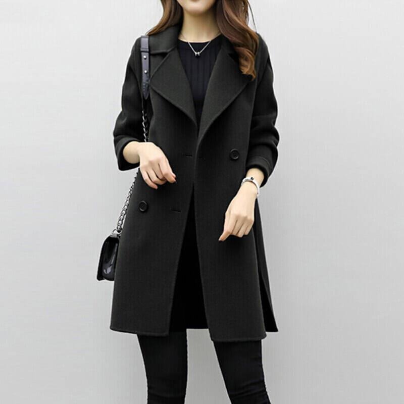 Autumn/Winter Women's Medium-Length Woolen Jacket Loose-Fit Slimming Double-Row Buttoning Overcoat: M / black