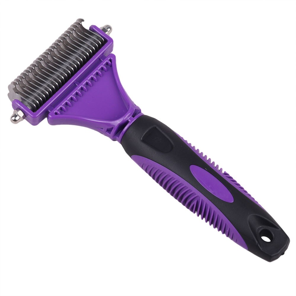 Peine de esterilla para perros y gatos, rastrillo de aseo de 2 lados, fácil de quitar ángulos, cepillo para quitar el pelo: Purple