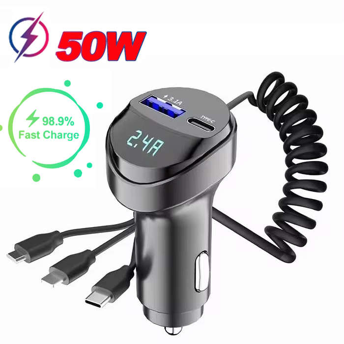 Snel opladen 55W auto multifunctionele 2 poorten USB-autolader Drie-in-één USB intrekbare oplaadkabel met spanningsweergave