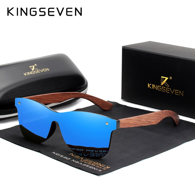 Kingseven óculos de sol de madeira natural masculino vintage clássico polarizado moda feminina elegante artesanal óculos de sol de madeira condução para homem: Azul