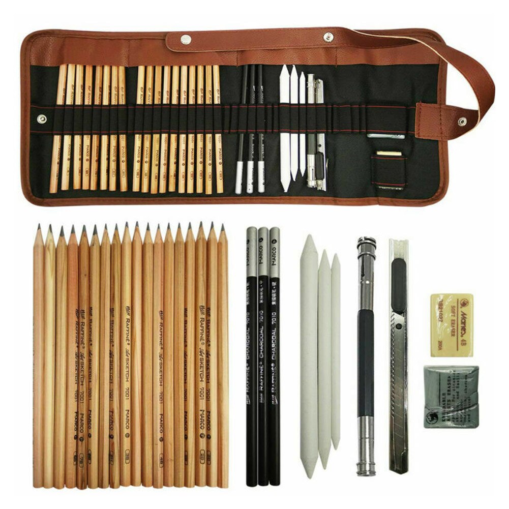 29Pcs/set Drawing Sketching Pencils Set Full Sketch Kit with Graphite Pencils Paper Brush Pen Mark Charcoal Pencil Extender DU55