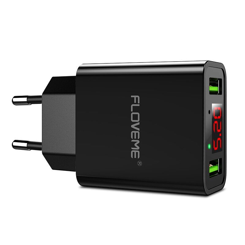 FLOVEME Dual Usb-lader Voor iPhone XR 7 LED Display Telefoon Lader EU Adapter Voor Samsung Xiaomi Huawei Telefoon accessoires: Black Color