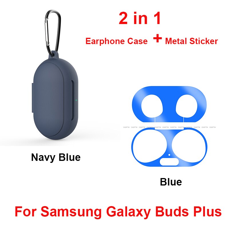 2 in 1 Soft Silicone Protective Case Cover For Samsung Galaxy Buds Plus Metal Colorful Sticker For Samsung Galaxy Buds Plus: 2 in 1 Navy Blue