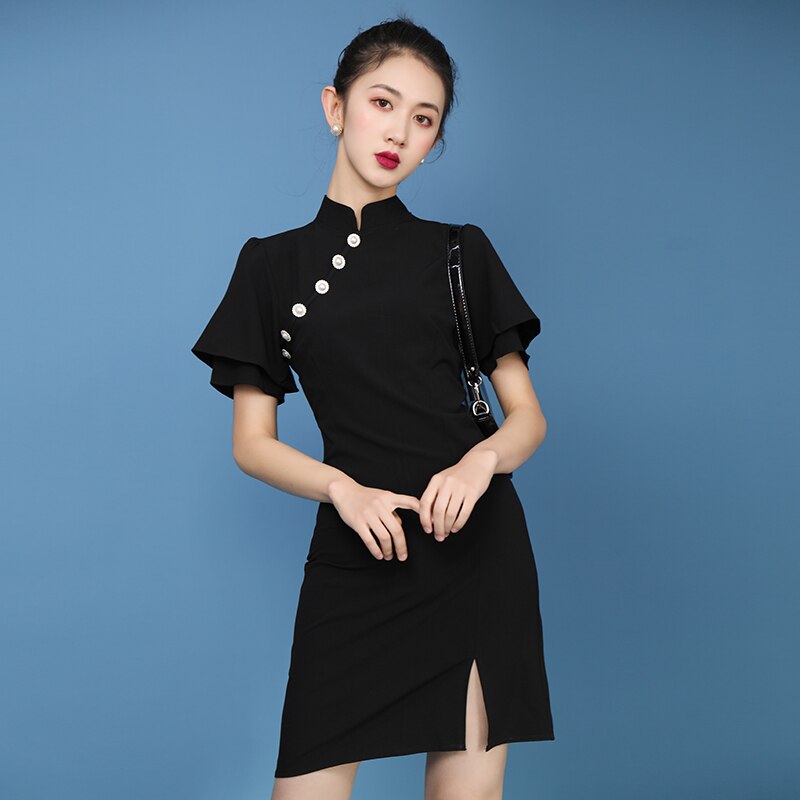 Chinese Traditional Slim Mini Cheongsam Short Sleeve Black Cheongsam Girls Students Oriental Qipao Dresses for Party