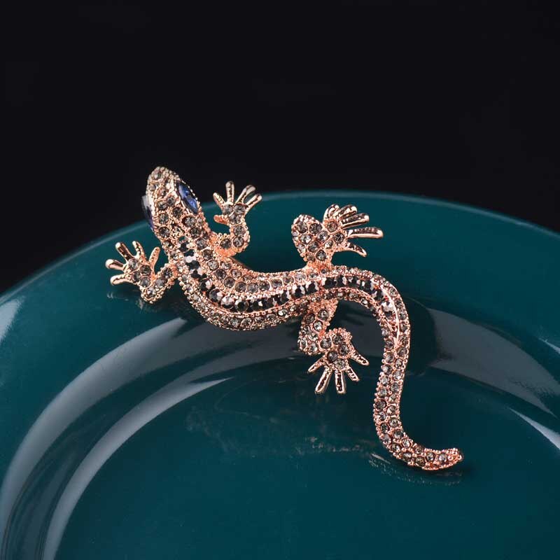 SINLEERY Unique Gecko Brooch Rose Antique Gold Silver Color Inlay Crystal Blue Zircon Eyes Brooches For Women Jewelry XZ122 SSC