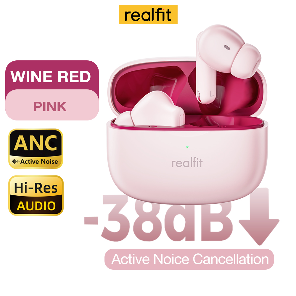 Realfit F3 ANC Cancellazione attiva del rumore Auricolari Bluetooth Chiamata ENC HIFI stereo superbo basso Auricolari senza fili sport gioco: Colore rosa