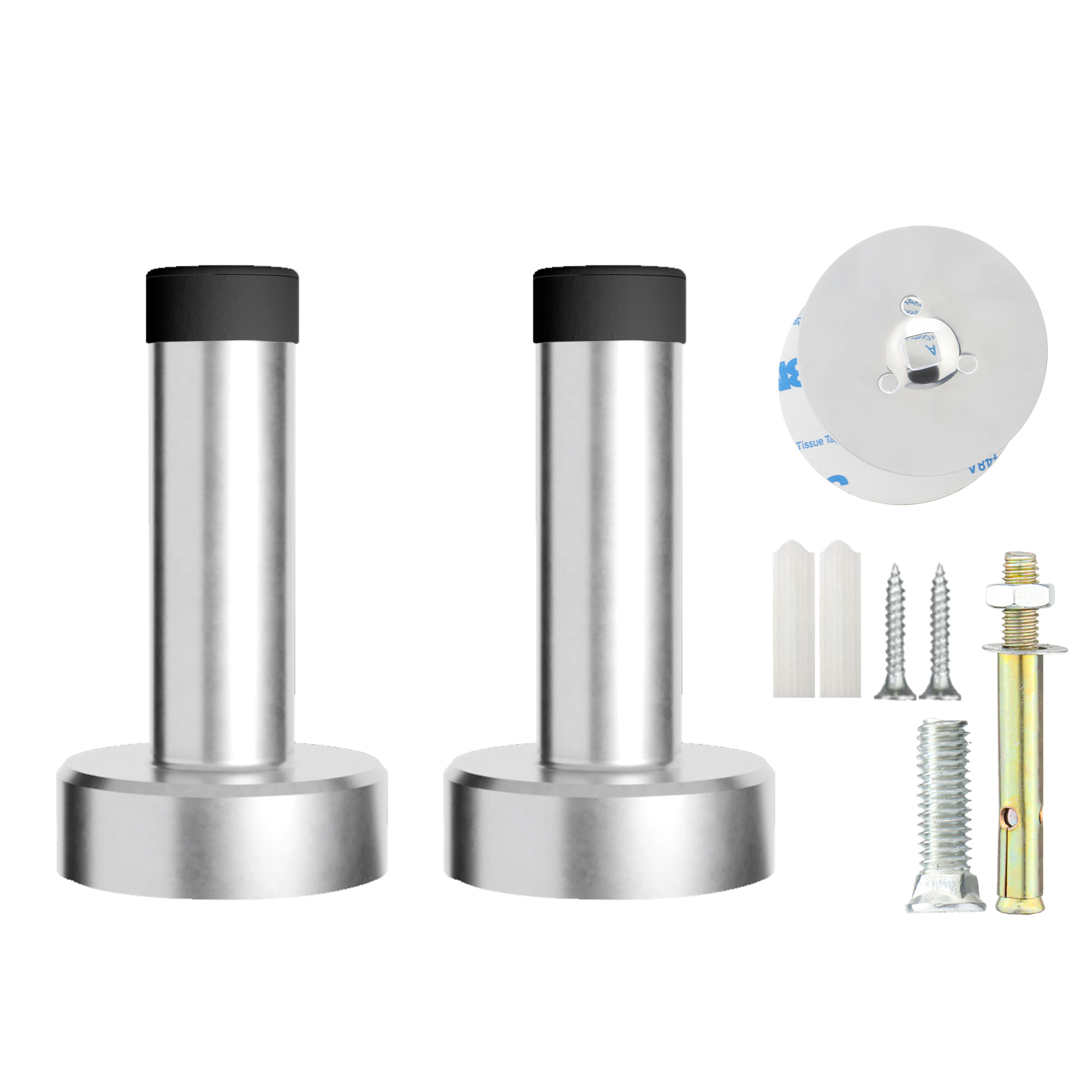 Door Stopper, Rubber Door Stop - Wall Mounted with Dual Installation (Adhesive & Screws) - Stainless Steel T-Shaped Bumper with: Silver