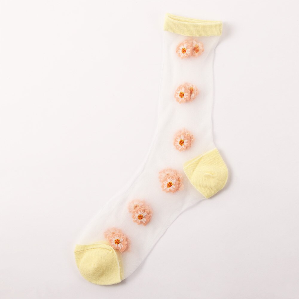 Ventilerande bomull sommar söt söt blomma strumpor nylon genomskinliga strumpor glas siden strumpor: Gul