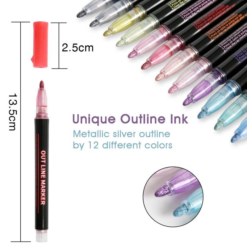 Overzicht Metallic Markers, Dubbele Lijn Shimmer Journal Volwassenen Pennen 12 Handtekening Tekening Kleuren Van Art Verf Set Voor O4M2