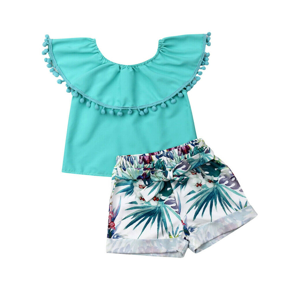 2 stuks baby- en kindermeisjes zomeroutfits met kwastjes, ruches, effen topjes en een short met bloemenprint