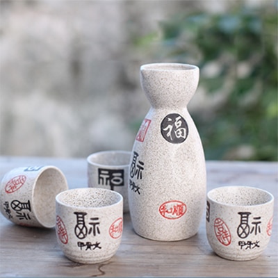 Set van 5 keramische sake potten, kannen, sterke drank, sterke drank, japanse bar, wijnset met bloementekstpatroon: En