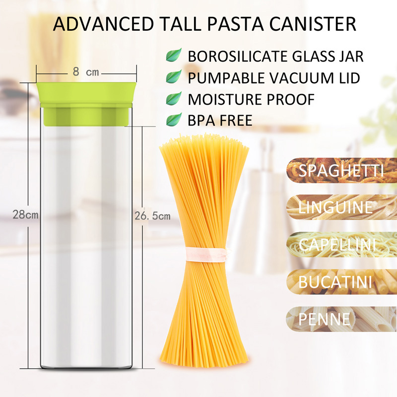 Korkea lasinen pastaastia tyhjiötiivisteellä ilmatiiviillä kannella pitkä elintarvikkeiden säilytysastia spagetti linguine capellini nuudelille