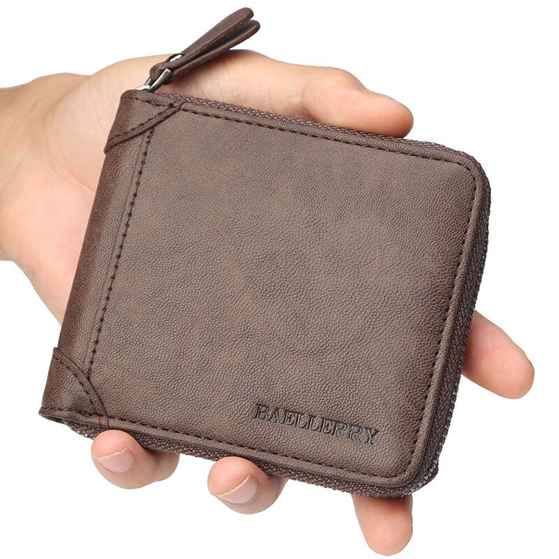 Casual Style Zipper Men Wallets Card Holder Small Wallet Male Synthetic Leather Man Purse Coin Purse Men's Carteira: Coffee