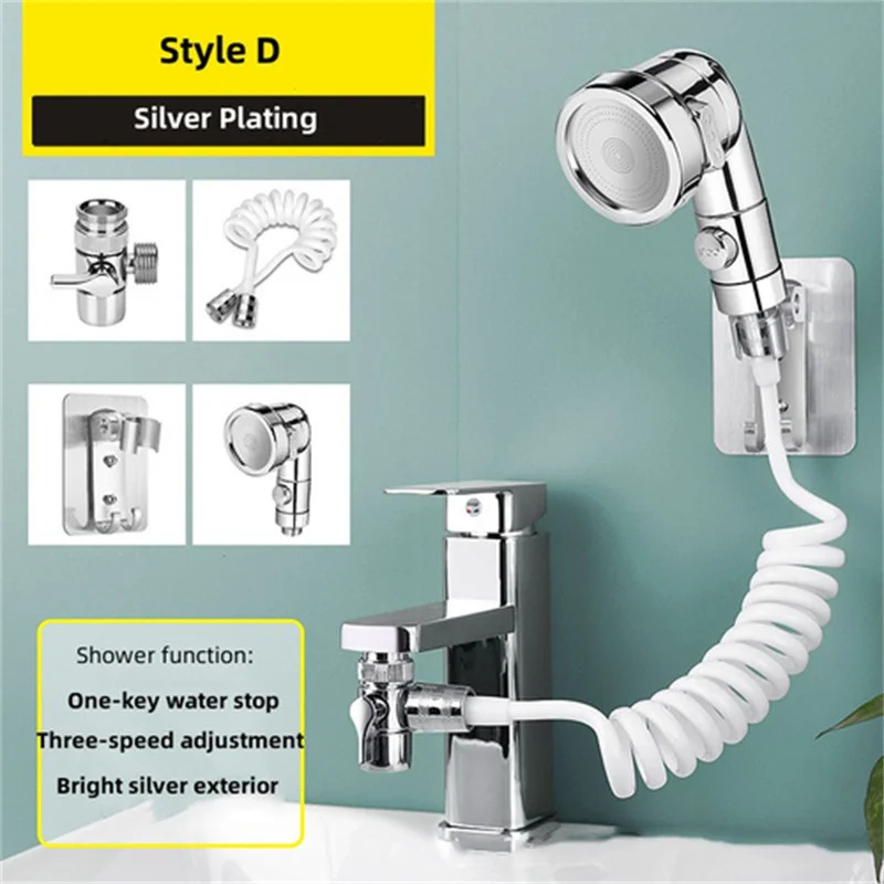 Bathroom Faucet Extender With External Shower Head Washbasin Tap Water Divider Bidet Sprayer For Hair Washing Toilet Cleaning: Silver