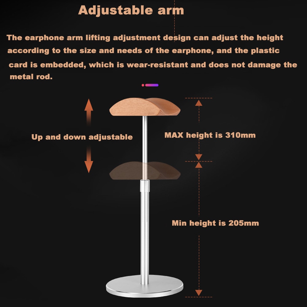 JINSERTA Aluminum Alloy Headphone Holder Up and Down Adjustable Headset Stand Bracket Display Shelf Wooden Desktop Hanger