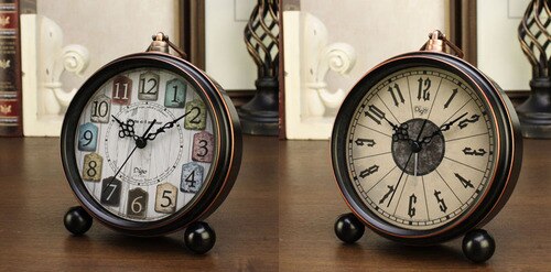 Small Retro Desk Clock Silent Metal Alarm Clock Bedroom Desktop Clock Roman Numerals Relogio Mesa Wrought Clocks AC50TC: Style8-2pcs