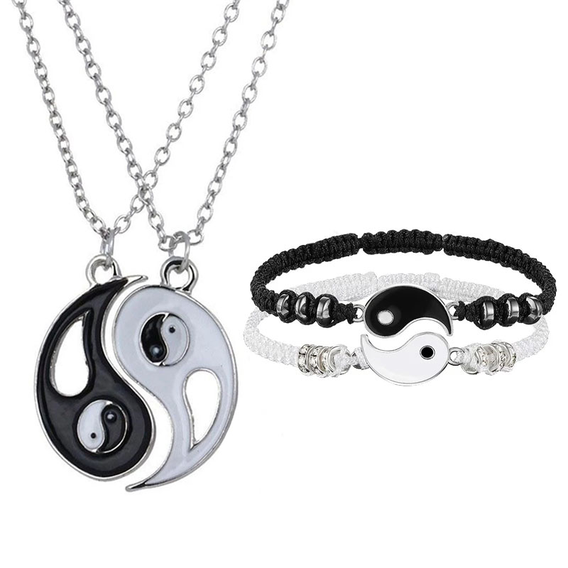 2/4 Uds Tai Chi Yin Yang pareja pulseras collares conjunto colgante pulsera de cadena trenzada ajustable pulseras de amante a juego gargantilla: Color amarillo claro