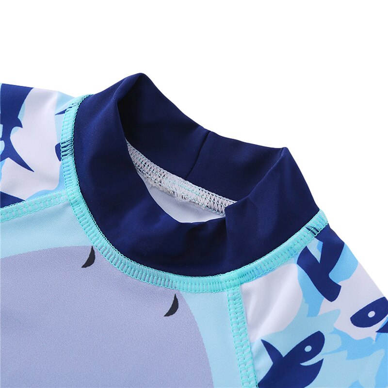 Jongens Zwemmen Kleding Set Drie Stukken, Shark Cartoon Print Blue Ronde Kraag Korte Mouwen Tops + Shorts + Hoed