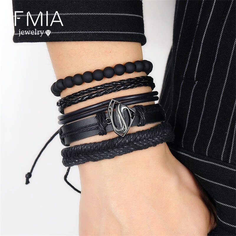 Ifmia 4 Stks/set Punk Captain Vintage Zwart Lederen Armband Charm Mannen Hand Geweven Armbanden Kralen Armband Fasion Sieraden